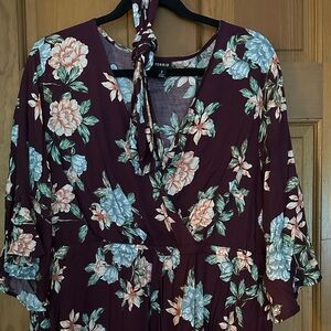 Maroon babydoll style cross front floral shirt